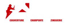 Silhouette de couvreur rouge avec les mots Couverture, Charpente et Zinguerie.