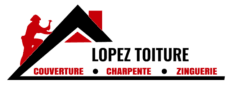Logo Lopez Toiture : silhouette rouge d'un couvreur avec marteau sur un toit, couverture, charpente et zinguerie.