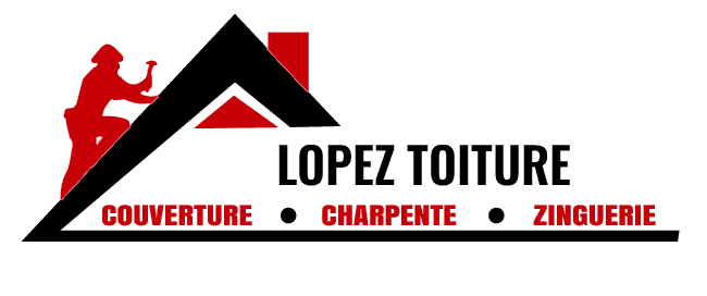 Lopez Toiture : Couverture, Charpente et Zinguerie Logo Lopez Toiture : silhouette rouge d'un couvreur avec marteau sur un toit, couverture, charpente et zinguerie.